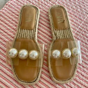 Zara slide sandals clear straps with big pearls